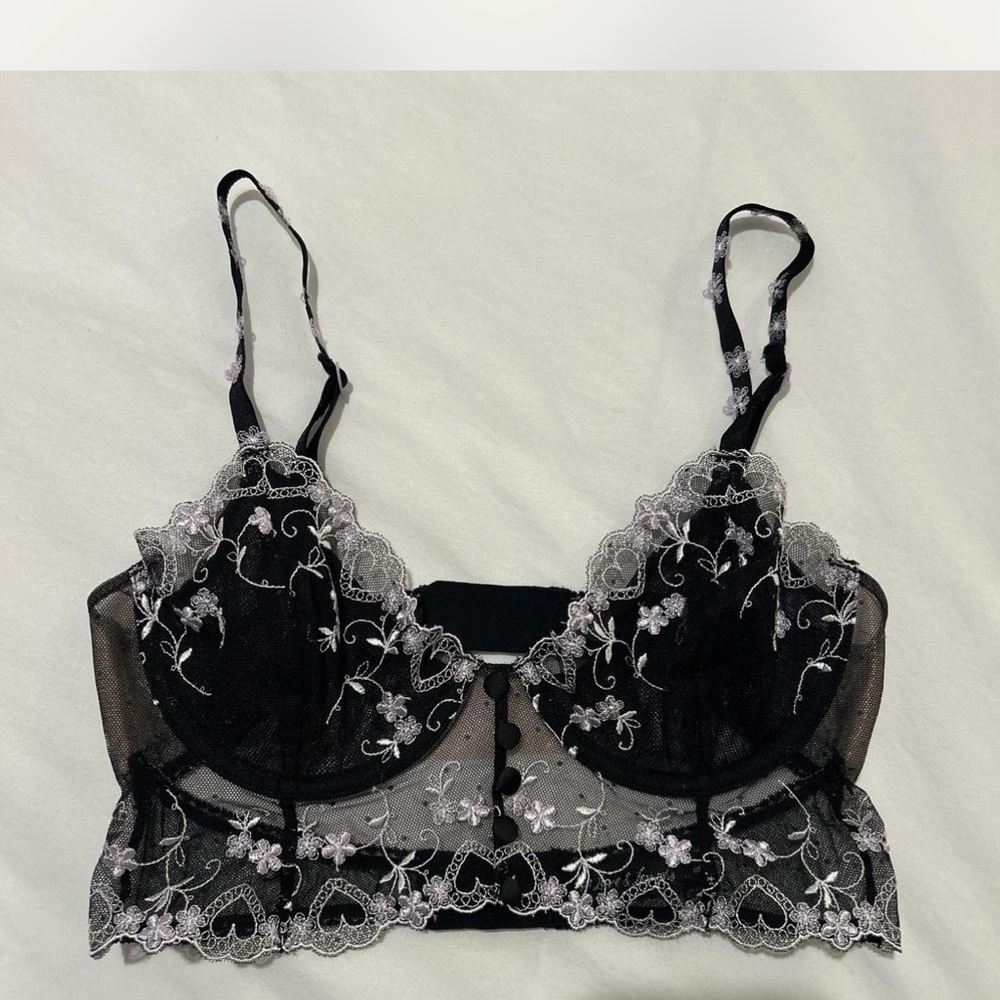 For Love And Lemons Black Lace Bra with Floral Detailing